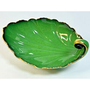 Carlton Ware Art Deco Vert Royale Leaf Shape Rich Green Glaze Gold Trim Dish Eng